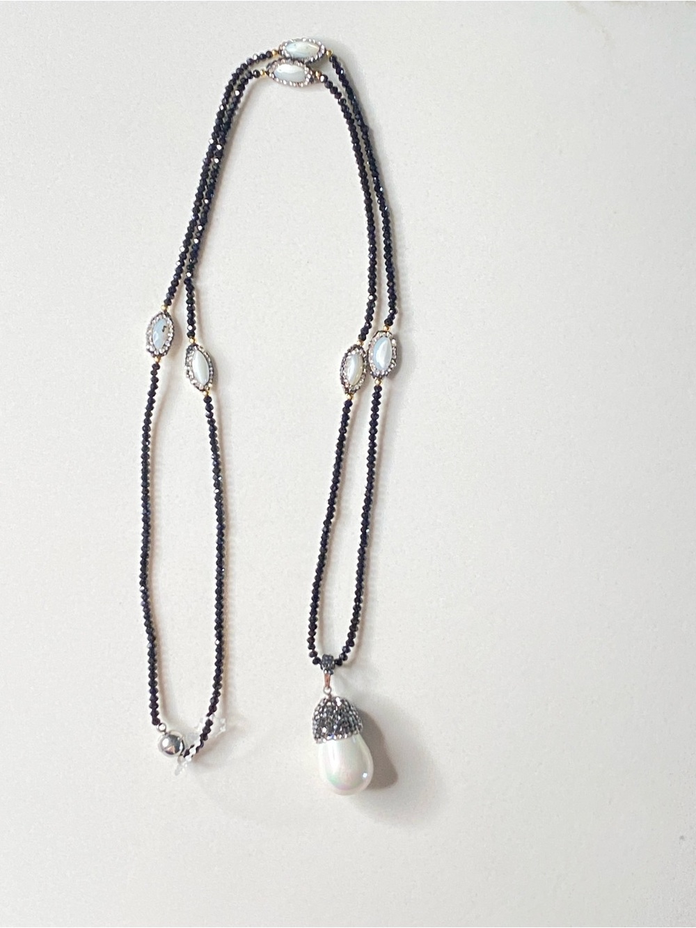 Black Beaded Necklace with White Pearl Drop Pendant 18 inches